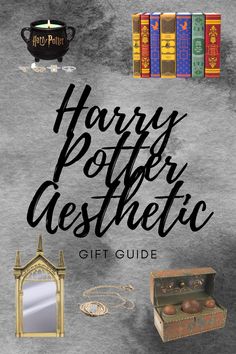 harry potter aesthetic gift guide with books, mirror and other items on the table next to it