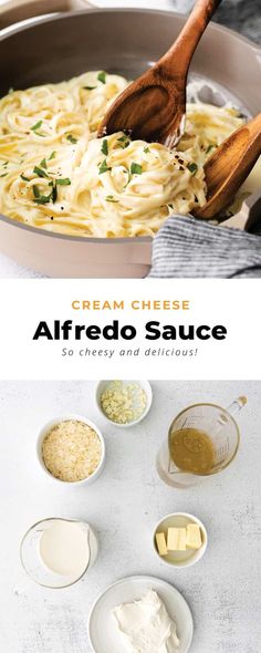 the ingredients for cream cheese alfredo sauce in bowls