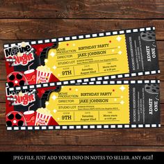 two movie ticket style birthday party tickets with the words,'it's your night '