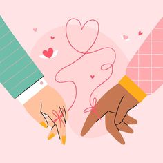 two hands holding each other over a pink background with hearts and lines in the middle