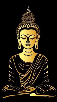 buddha statue sitting in the middle of a black and gold background with an image of a buddha