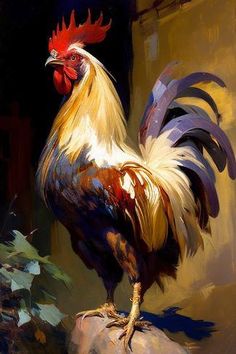 a painting of a rooster standing on a rock