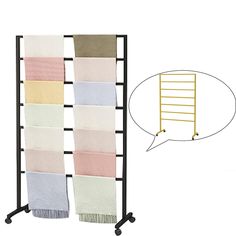 a towel rack with two different colored towels hanging from it's sides and an empty thought bubble above it