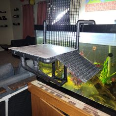 a fish tank that is sitting on top of a table in front of a couch