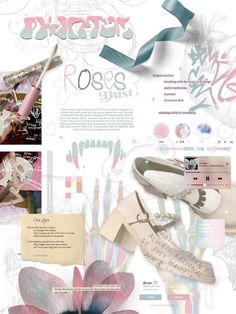 an advertisement for shoes with flowers on the bottom and pink, blue, white and green accents