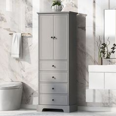 a white toilet sitting next to a tall gray cabinet in a room with marble walls