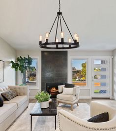 a living room filled with furniture and a fire place in the middle of the room