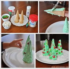 there are four pictures of christmas trees made out of cake and icing on the table