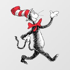 the cat in the hat is running with a red bow on his head and it's tail