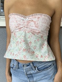 Floral Print Lace-Trim Ruched Tube Top Lace Stitching Plaid Bandeau Top - AnotherChill Rustic Fashion, Crop Top Styles, Spring Bright, Pretty Tops, Top Bustier, Summer Plaid, Bandeau Tops, Cute Fabric, Strapless Crop Top