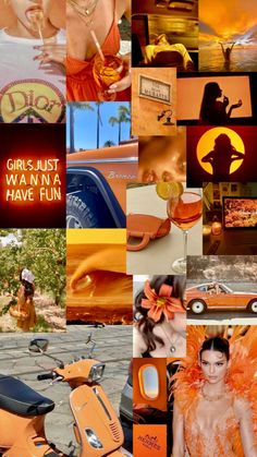 a collage of photos with orange and yellow colors, including a woman in an orange dress