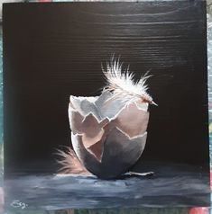 an acrylic painting of a bird's egg on a black background with white feathers