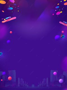 an abstract purple background with colorful circles and shapes in the air, on top of a cityscape