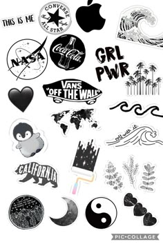 various stickers and decals on the back of an apple computer screen, with black and white graphics