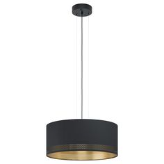 EGLO 99274A Esteperra Esteperra - Three Light Pendant Black finish 3 Light Chandelier, Gold Interior, Drum Pendant, Drum Chandelier, Black Pendant Light, Gold Fabric, Hanging Pendant, Black Exterior, Hanging Pendant Lights