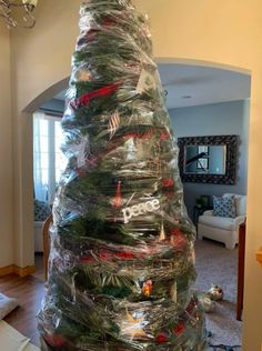 a christmas tree made out of plastic wrap