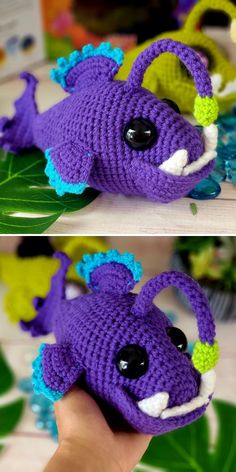 a crocheted purple and green stuffed animal