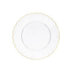 an empty white plate with gold trimmings on the rim and bottom, against a white background