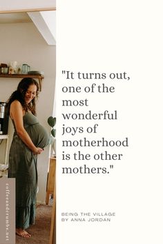 a pregnant woman standing in front of a coffee maker with the caption it turns out, one of the most wonderful joys of motherhood is the other