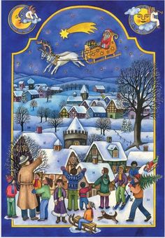 a christmas card with an image of people in the snow