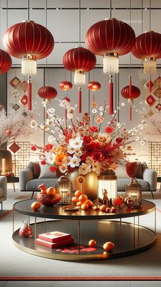 a living room filled with furniture and lots of red lanterns hanging from the ceiling above