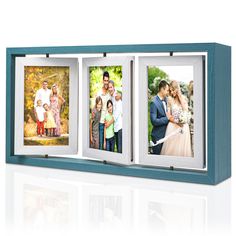 three pictures in a wooden frame with blue trim