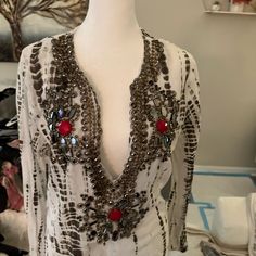 Beautiful Hand Beaded Boston Proper Top With Hand Sewn Jewels. Never Worn. Glamorous Embellished Blouse For Summer, Bohemian Embellished V-neck Blouse, Chic Beaded Blouse For Party, Festival V-neck Sequin Tops, Chic Embellished Tops For Festivals, Bohemian V-neck Sequin Tops, Fitted Embellished Tops For Beach, Chic Embellished Beach Tops, Chic Beaded Tops For Beach