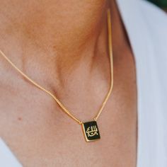 simple gold cushion Baha'i necklace with an engraving of the Greatest Name in Arabic Everyday Jewelry With Square Pendant And Adjustable Chain, Tarnish Resistant Square Pendant Jewelry For Everyday, Symbolic Rectangular Pendant Jewelry As Gift, Symbolic Rectangular Pendant Jewelry For Gifts, Rectangular Pendant Jewelry With Adjustable Chain For Anniversary, Anniversary Jewelry With Adjustable Chain And Rectangular Pendant, Rectangular Pendant Jewelry With Cable Chain For Gift, Anniversary Jewelry With Square Pendant And Box Chain, Tarnish Resistant Square Pendant Jewelry Gift