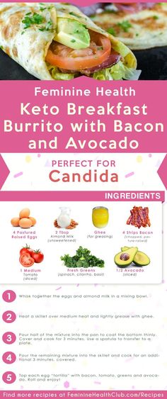 a menu with different types of food on it and the words keto breakfast burrito with bacon and avocado perfect for candi