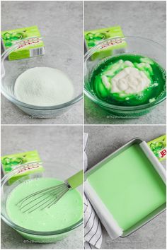 four photos showing how to make green jello in a bowl with a whisk