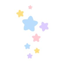 some little stars are flying around in the air on a white background with blue, yellow and pink colors