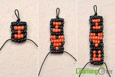 two pictures showing how to make an ornament beaded bracelet with orange and black beads