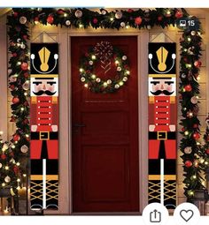 christmas decorations on the front door of a house with wreaths and lights around it