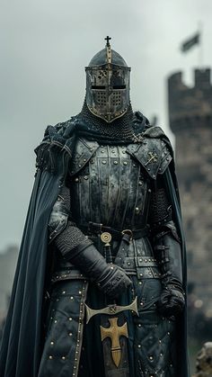 a man dressed in armor standing on top of a stone wall with a castle in the background