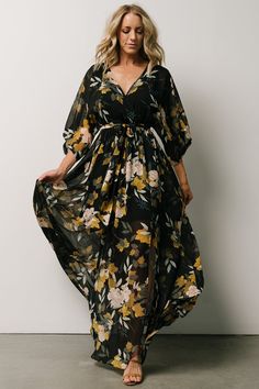 Black Flowy Floral Dress For Brunch, Black Surplice Neckline Dress For Brunch, Black Dress With Surplice Neckline For Brunch, Black Summer Dresses With Kimono Sleeves, Black Floral Print V-neck Maxi Dress, Black Floral Print Maxi Dress With V-neck, Black Floral Print Maxi Dress For Brunch, Elegant Maxi Dress With Floral Print And Kimono Sleeves, Black V-neck Maxi Dress With Floral Print