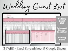 the wedding guest list is displayed on a computer screen with text that reads, 5 tabs excel spreadsheet & google sheets