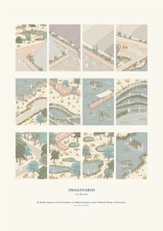 an illustrated book with several images of different buildings and trees in the same area, including water