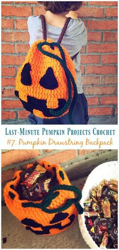 a crocheted pumpkin bag with the words last - minute pumpkin projects crochet