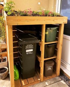 a potted planter on top of a wooden shelf filled with plastic trash cans