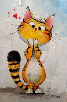 a painting of a cat standing on its hind legs with his paw in the air