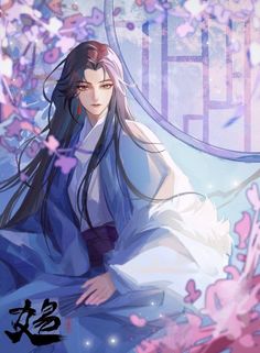 an anime character with long black hair and blue eyes sitting in front of pink flowers