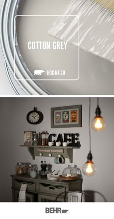 two different pictures with the words cotton grey in white, and an image of a kitchen area