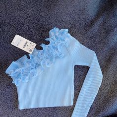 Brand: Zara Color: Light Blue New/ Only Tried Once For The Fitting Size: Small Blue Ruffled Party Tops, Fitted Light Blue Zara Top, Zara Light Blue Ruffled Tops, Zara Blue Fitted Crop Top, Light Blue Ruffled Top By Zara, Light Blue Ruffled Zara Top, Trendy Blue Ruffled Crop Top, Blue Fitted Ruffle Crop Top, Fitted Blue Ruffle Crop Top