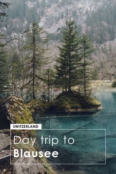 a lake surrounded by trees and mountains with the words day trip to blausee