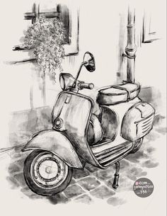 a drawing of a scooter parked in front of a window with a potted plant