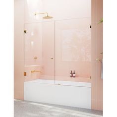 a bathroom with pink walls and a white bathtub next to a shower head mounted on the wall