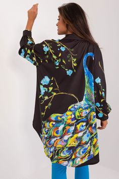 Step into the sunny season with our Peacock Breeze Long Sleeve Shirt, a delightful blend of casual style and vibrant design. Perfect for everyday wear and relaxed gatherings, this shirt embodies the carefree spirit of summer with its colorful peacock motif and breezy silhouette. Key Features & Benefits: Unique Peacock Print: Stand out from the crowd with our shirt's eye-catching peacock motif print, adding a touch of whimsy and originality to your ensemble. Comfortable Fabric: Made of high-quality polyester with a hint of spandex, our shirt ensures comfortable wear and durability, allowing you to enjoy the summer breeze with ease. Versatile Style: The long sleeve and long length make our shirt an ideal choice for cooler days, providing both comfort and protection from the sun. The collar a Italy Moda, Peacock Motif, Cycling T Shirts, Womens Dress Tops, Womens Jackets Casual, Peacock Print, Top Shirt Women, Leggings Kids, Streetwear Tshirt