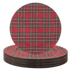 red plaid dinner plates stacked on top of each other