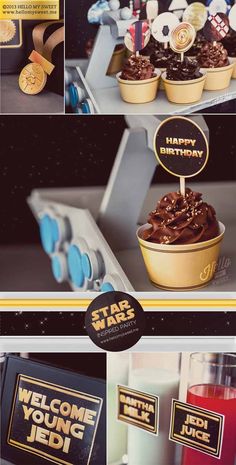 star wars themed desserts and drinks are featured in this collage