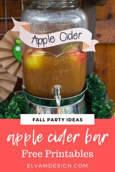 an apple cider bar with text overlay that reads fall party ideas apples cider bar